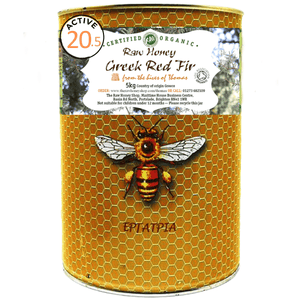 Tin with honeycomb pattern and bee illustration to front.  Greek Red Fir label to front with Greek Red Fir wording and Active 20.5.