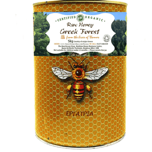 Tin with honeycomb patter and bee illustration to front with white label and the wording Greek Forest Raw Honey 5kg.