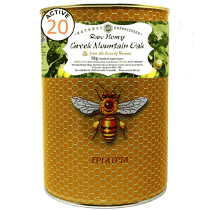 Tin with honeycomb pattern and white label to front with wording Greek Mountain Oak.