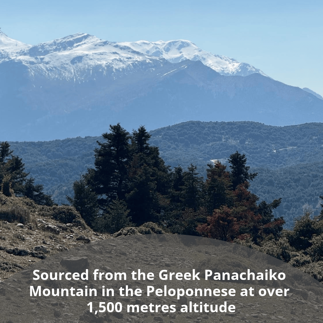 Mountain landscape with snow-capped peaks, blue haze in the distance, dark evergreen trees in the foreground, and a dirt path at the bottom. White text at the bottom reads: 'Sourced from the Greek Panachaiko Mountain in the Peloponnese at over 1,500 metres altitude'.
