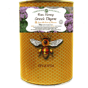 Tin with honeycomb patter an d bee illustration to front with white label and the wording Greek Thyme Raw Honey 5kg.