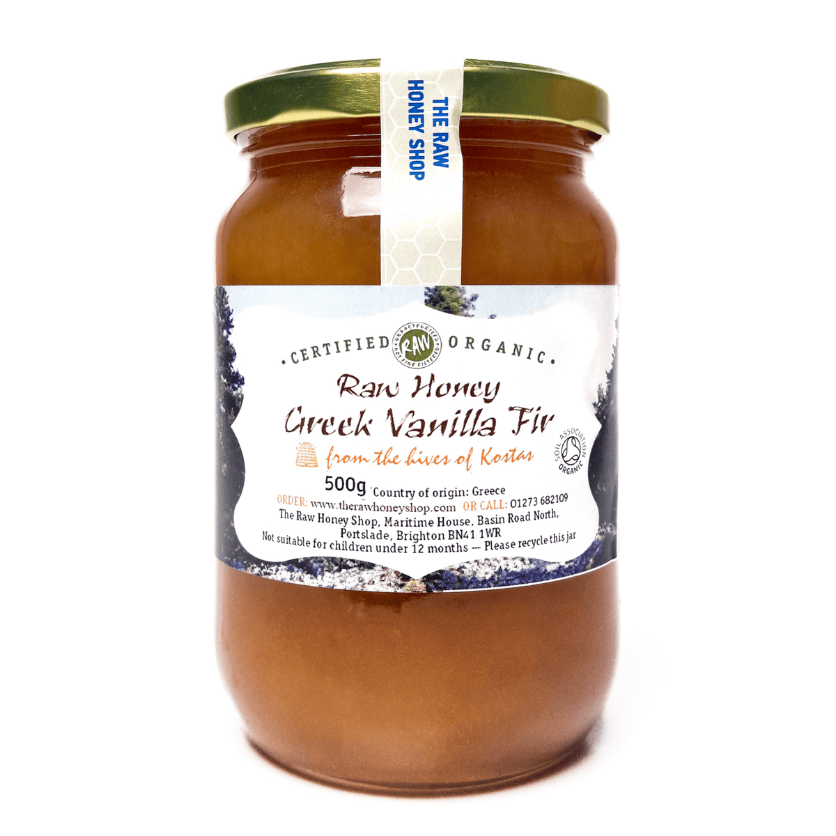 Glass jar containing 500g of raw organic vanilla fir honey