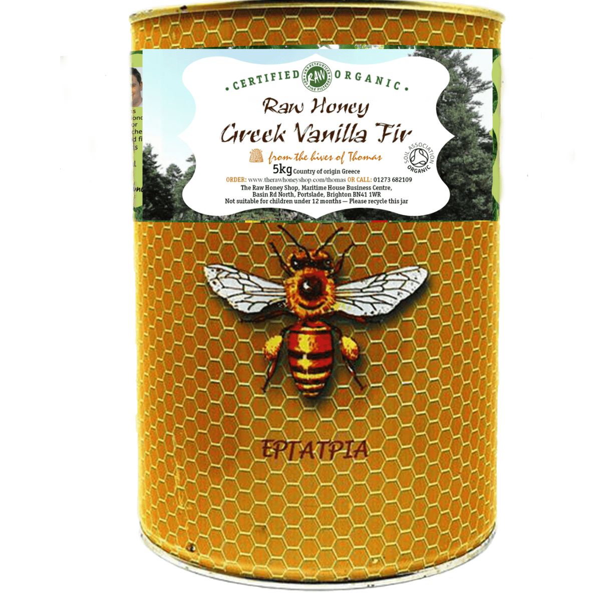 Tin with honeycomb patter an d bee illustration to front with white label and the wording Greek Vanilla FIr Raw Honey 5kg.