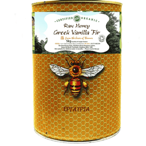 Tin with honeycomb patter an d bee illustration to front with white label and the wording Greek Vanilla FIr Raw Honey 5kg.
