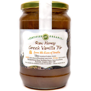 Raw Certified Organic Vanilla Fir Honey with an Olive Wood Dipper