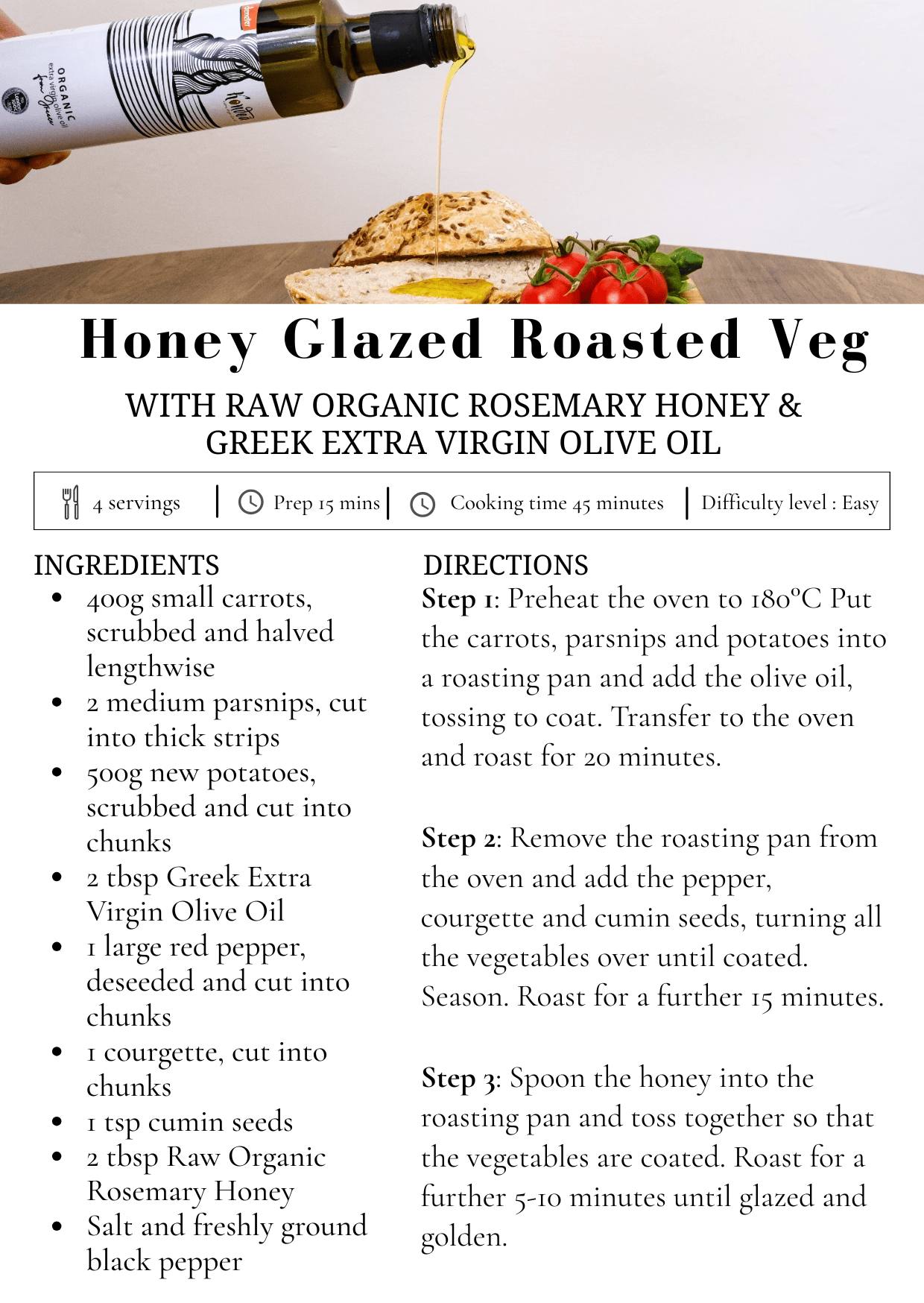 Recipe card for Honey Glazed Roasted Vegetables with ingredients and directions.