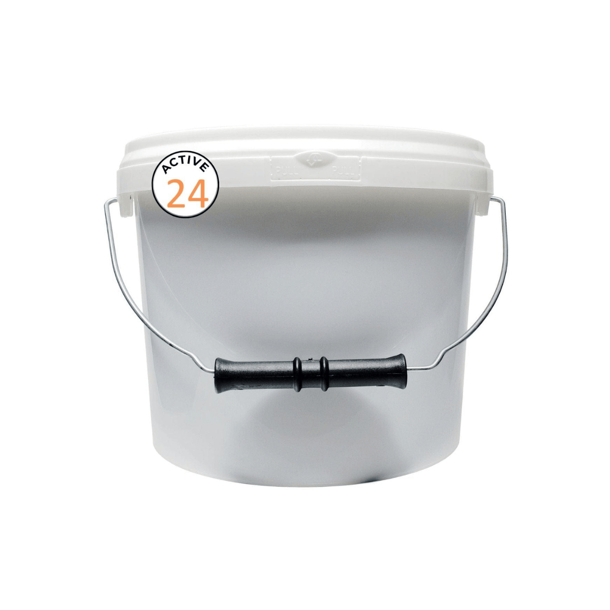 White paint bucket with a black handle on a white background