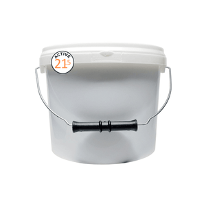 White paint bucket with a black handle on a white background