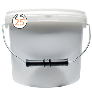 White bucket with black handle and 'Active 25+' label on a white background