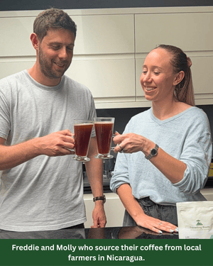 Freddie and Molly enjoying a cup of their coffee which is sourced from Nicaragua.