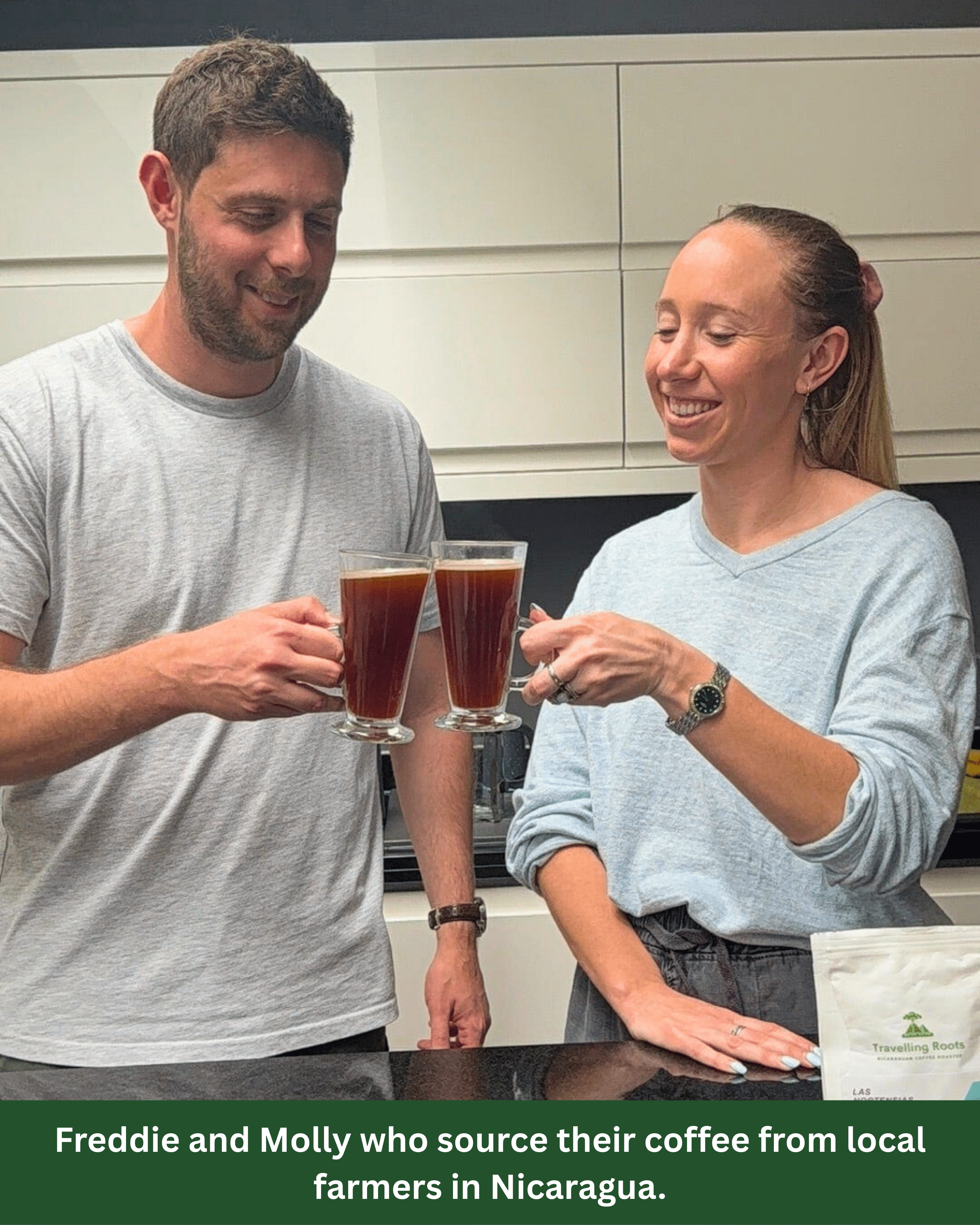 Freddie and Molly enjoying a cup of their coffee which is sourced from Nicaragua.