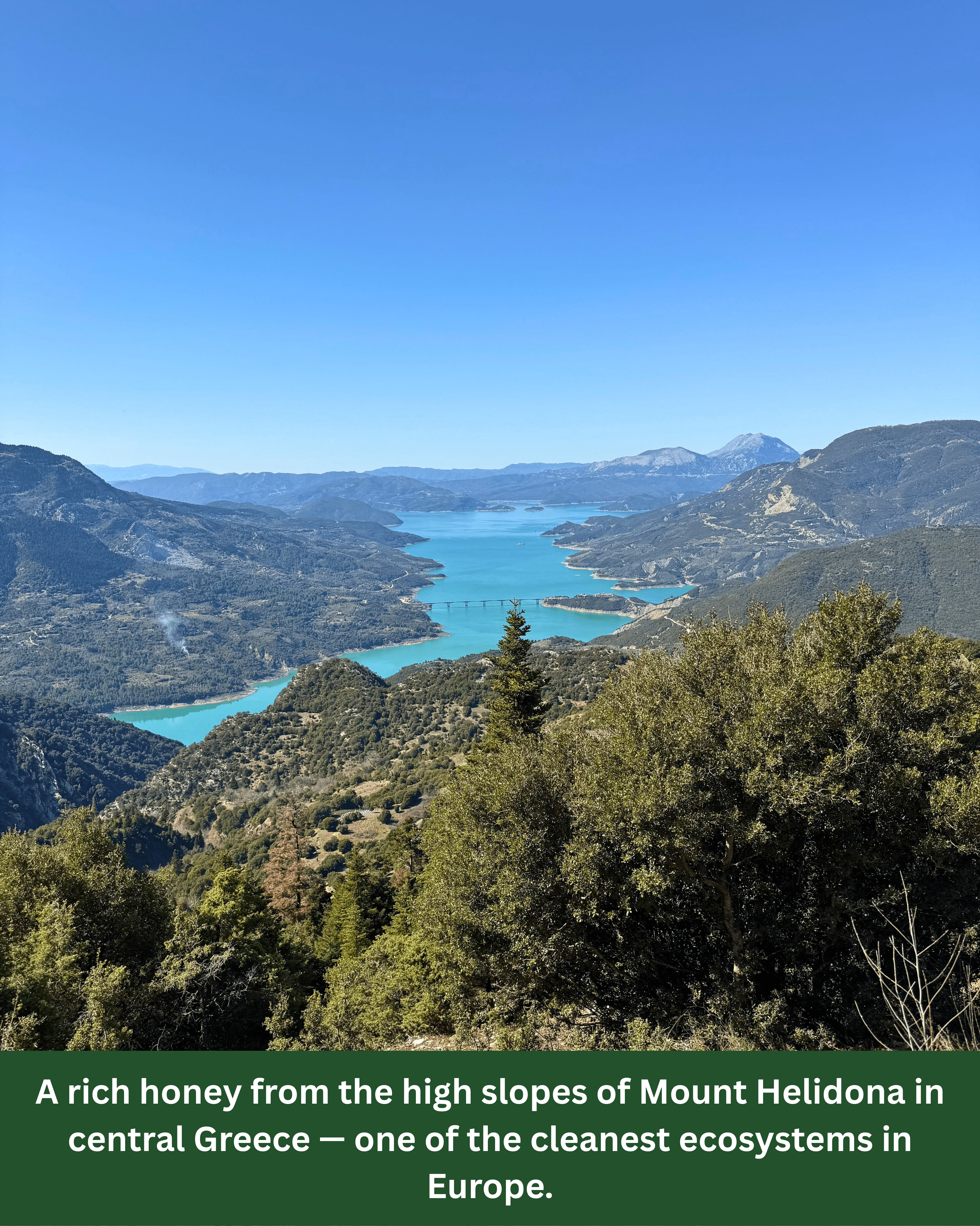 A stunning view of a lake from Mount Helidona in Greece.