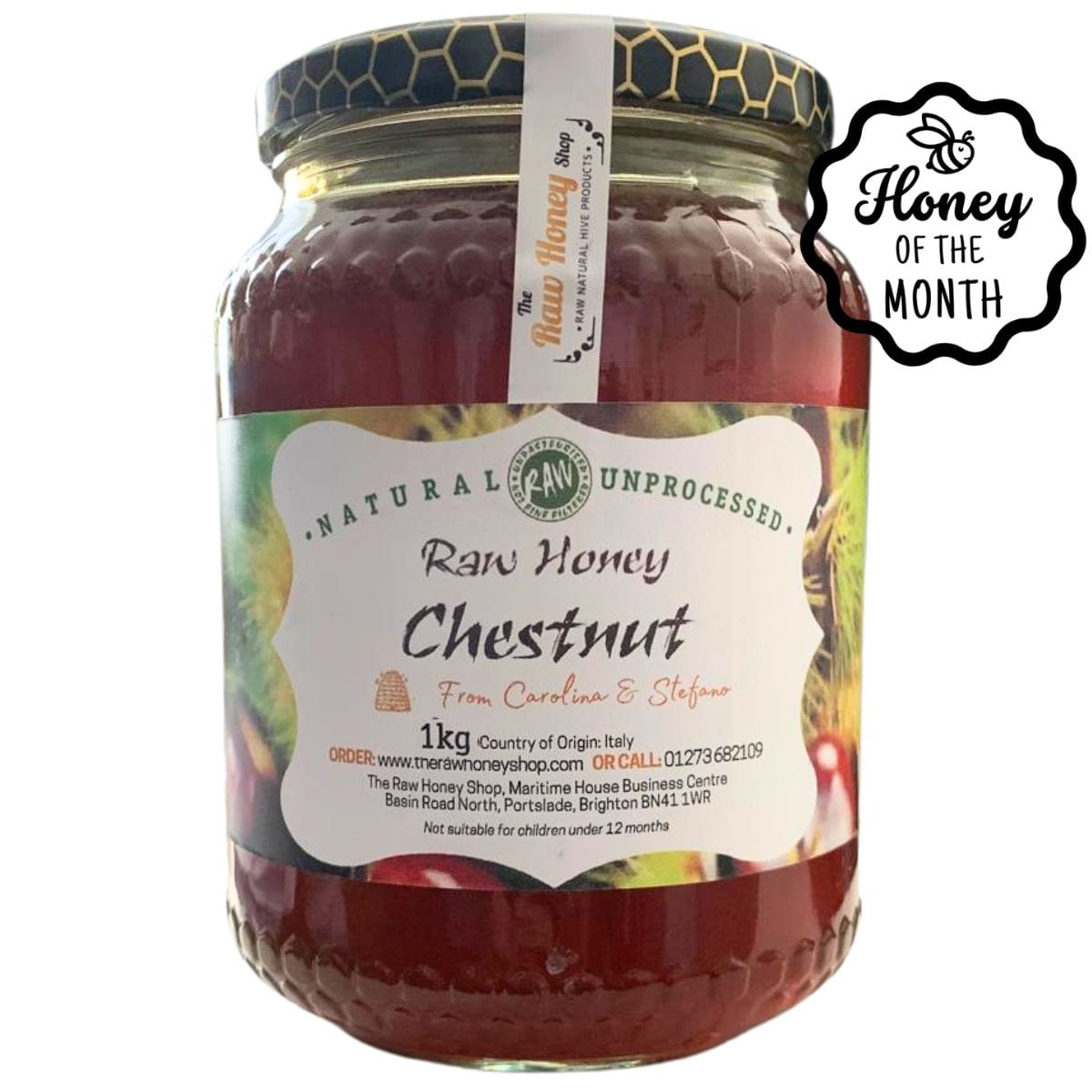 Jar of chestnut honey with a label on a white background, featuring 'Honey of the Month' branding.