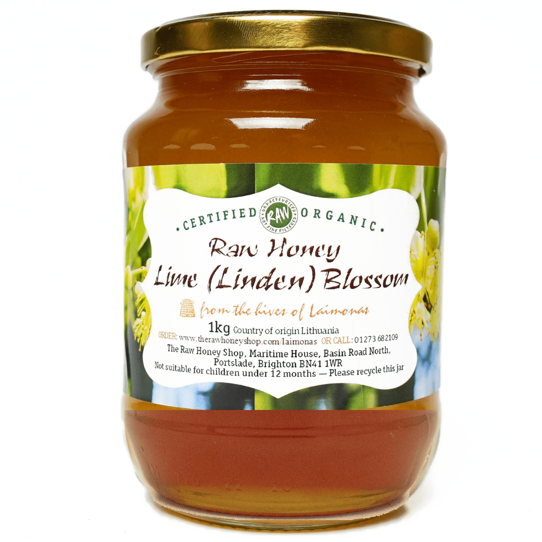 Glass Jar containing 1kg of raw organic Lime Blossom Honey 