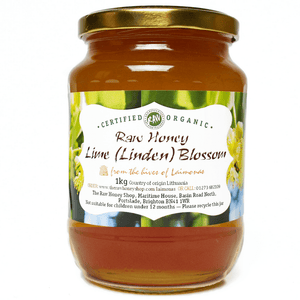 Glass Jar containing 1kg of raw organic Lime Blossom Honey 