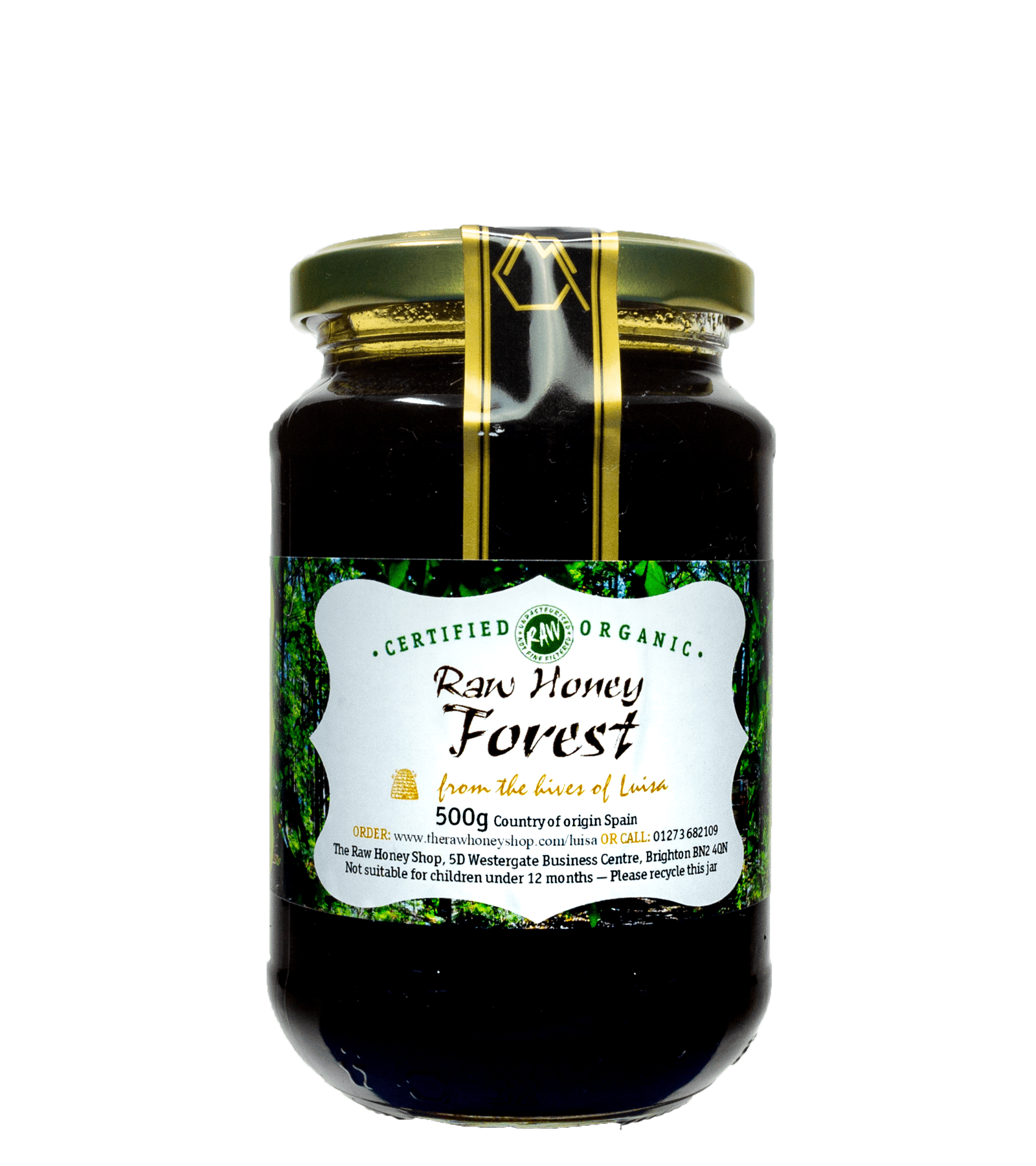 Labelled glass jar containing 500g of dark raw organic forest honey.