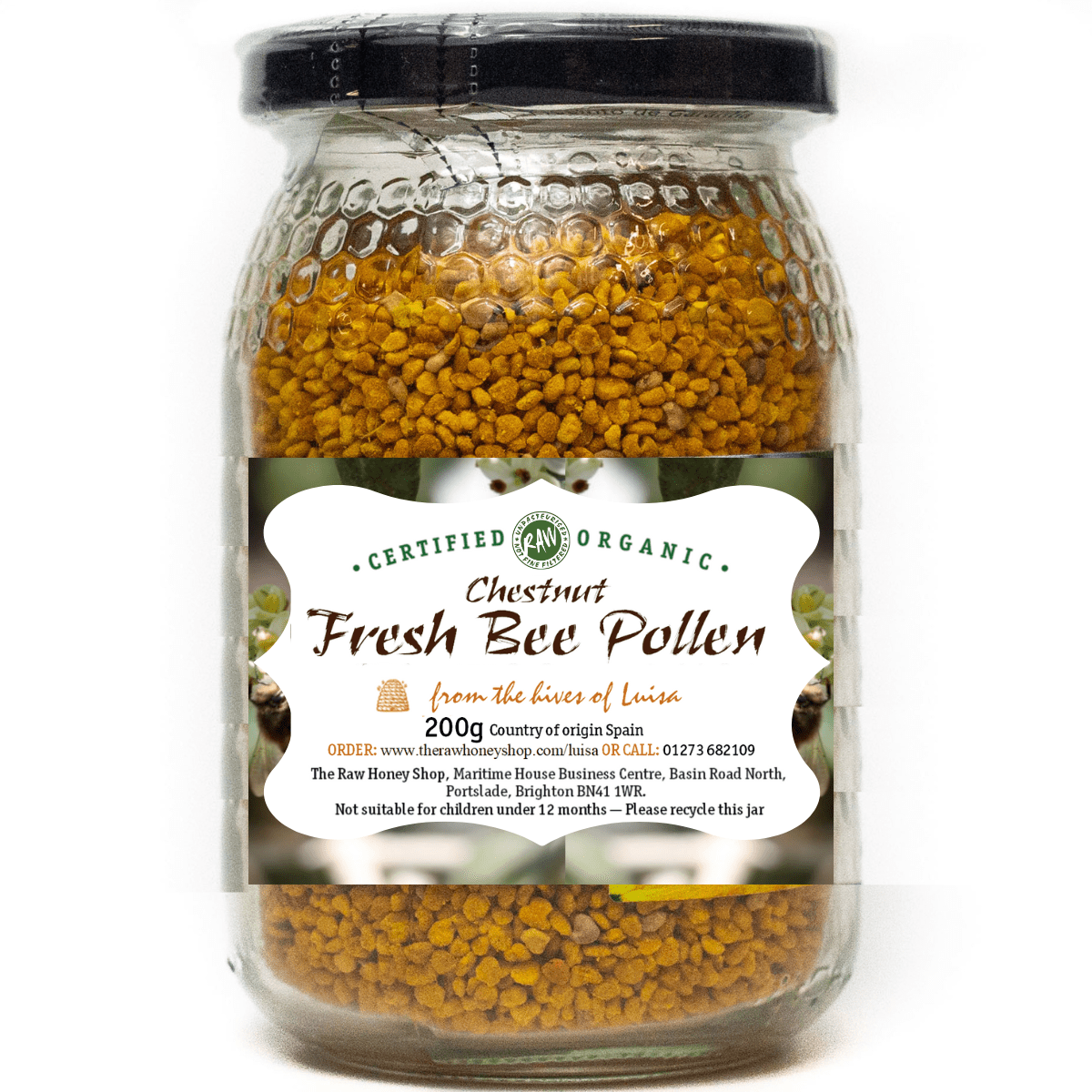 Labelled glass jar containing 200g of fresh chestnut bee pollen.