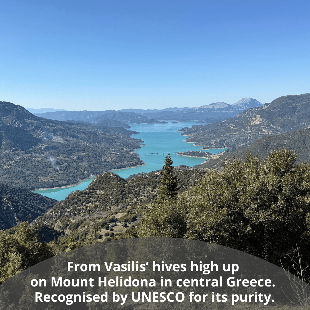 A scenic landscape photograph of a turquoise lake winding through mountainous terrain under a clear blue sky, with a text overlay at the bottom reading, 'From Vasilis' hives high up on Mount Helidona in central Greece. Recognised by UNESCO for its purity.