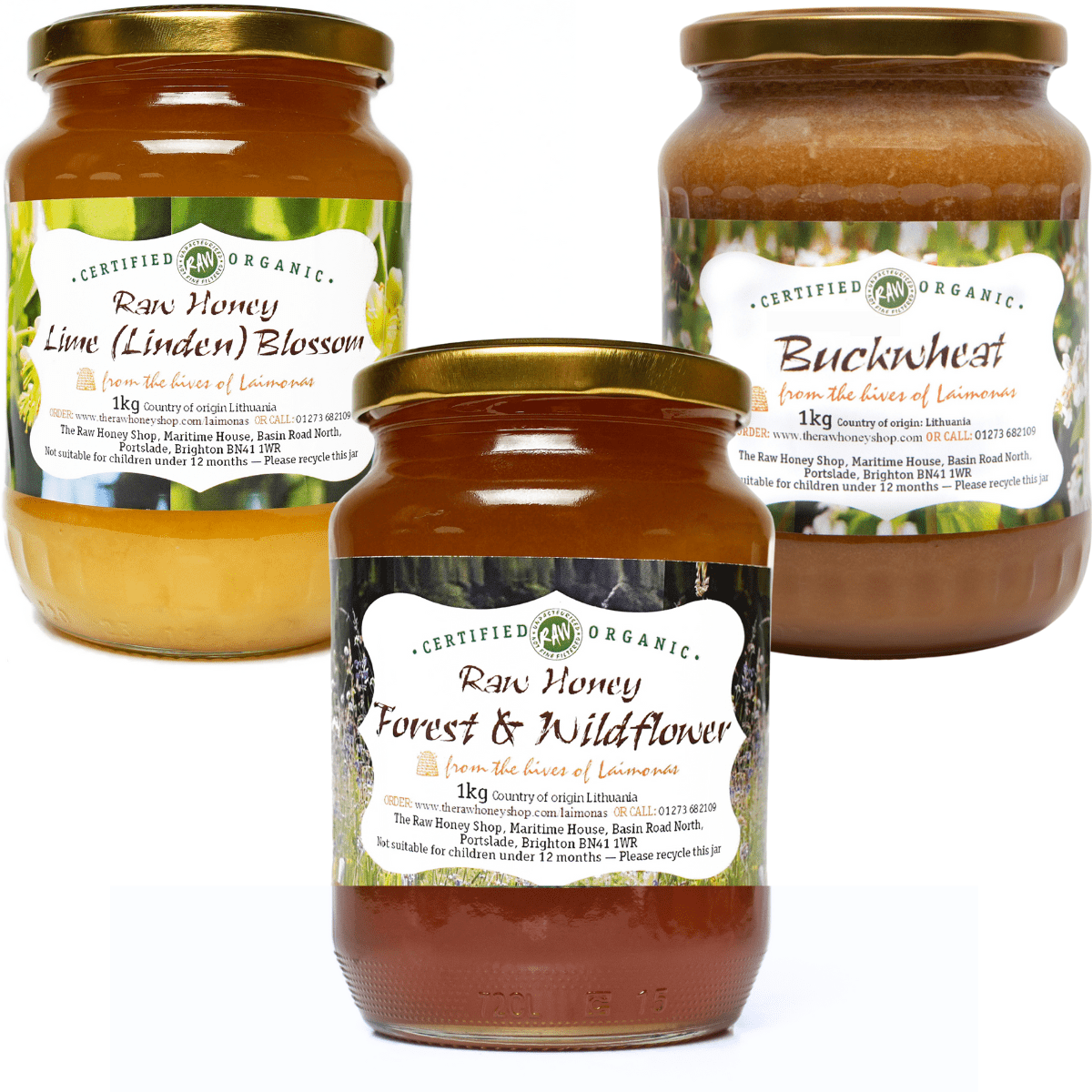 3 glass jars each containing 1kg of raw honey.  One with Lime Honey, one with Buckwheat honey and one with Forest and Wildlfower Honey