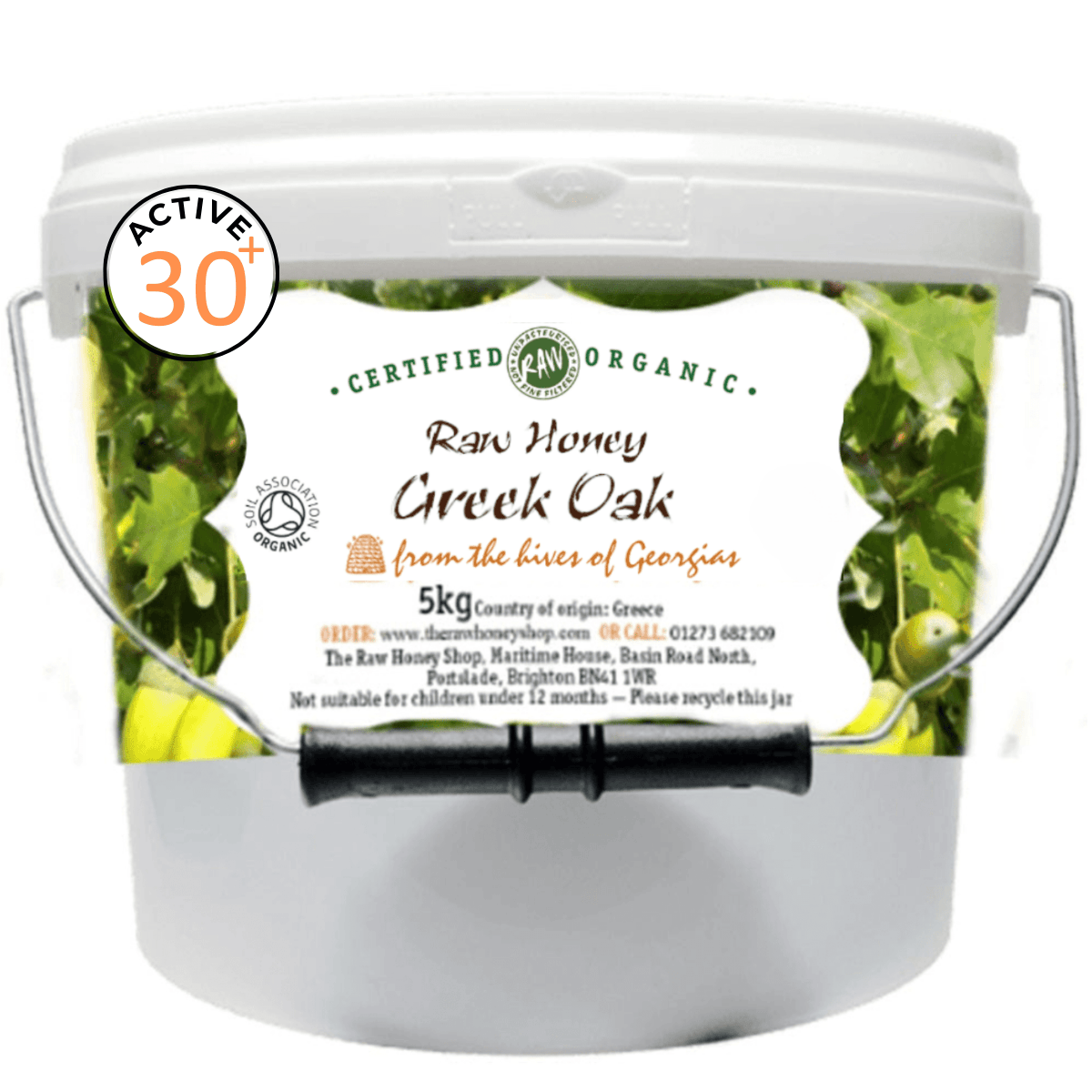 White bucket of raw honey from Greek Oak with a label on a white background