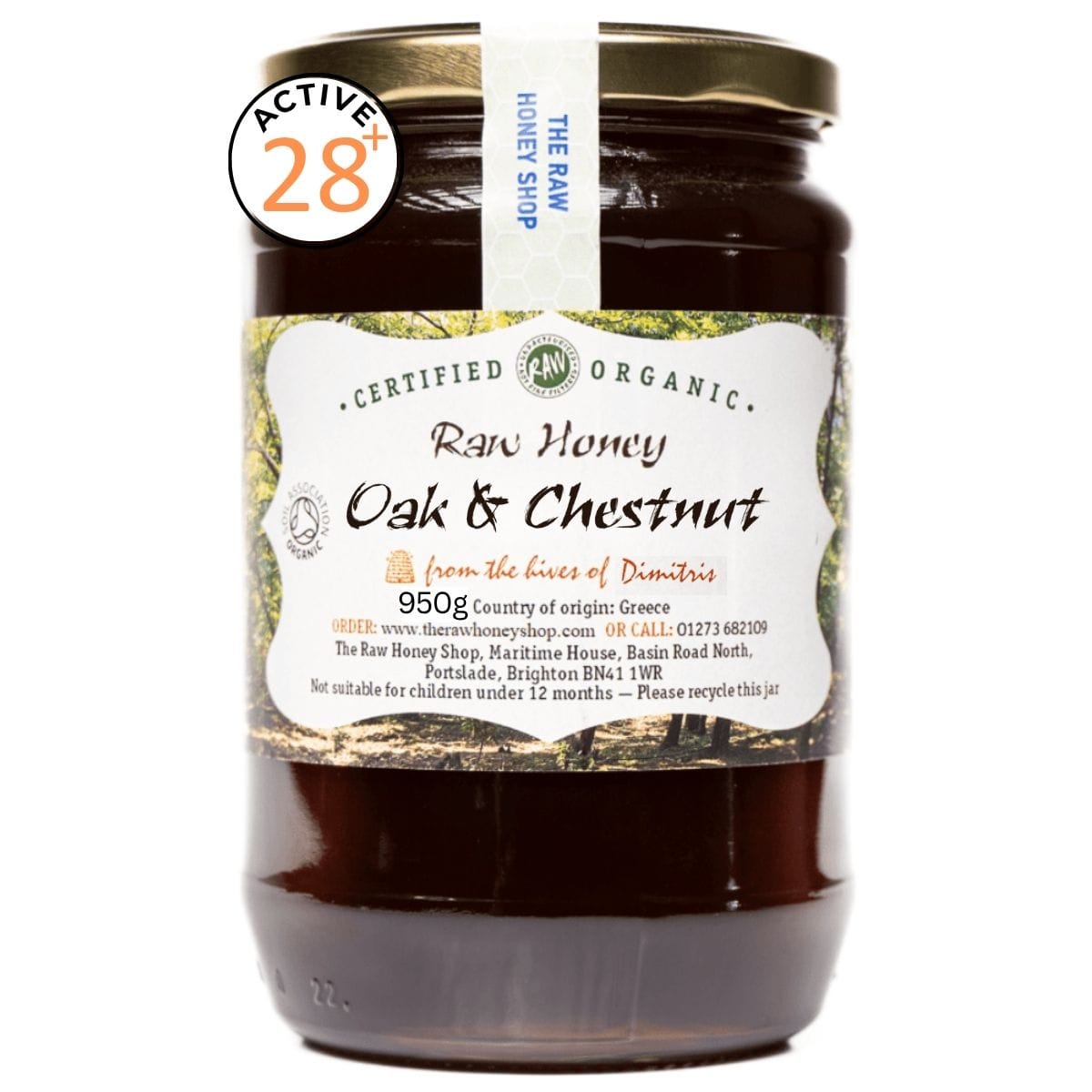 Jar of raw honey with 'The Raw Honey Shop' label on a white background