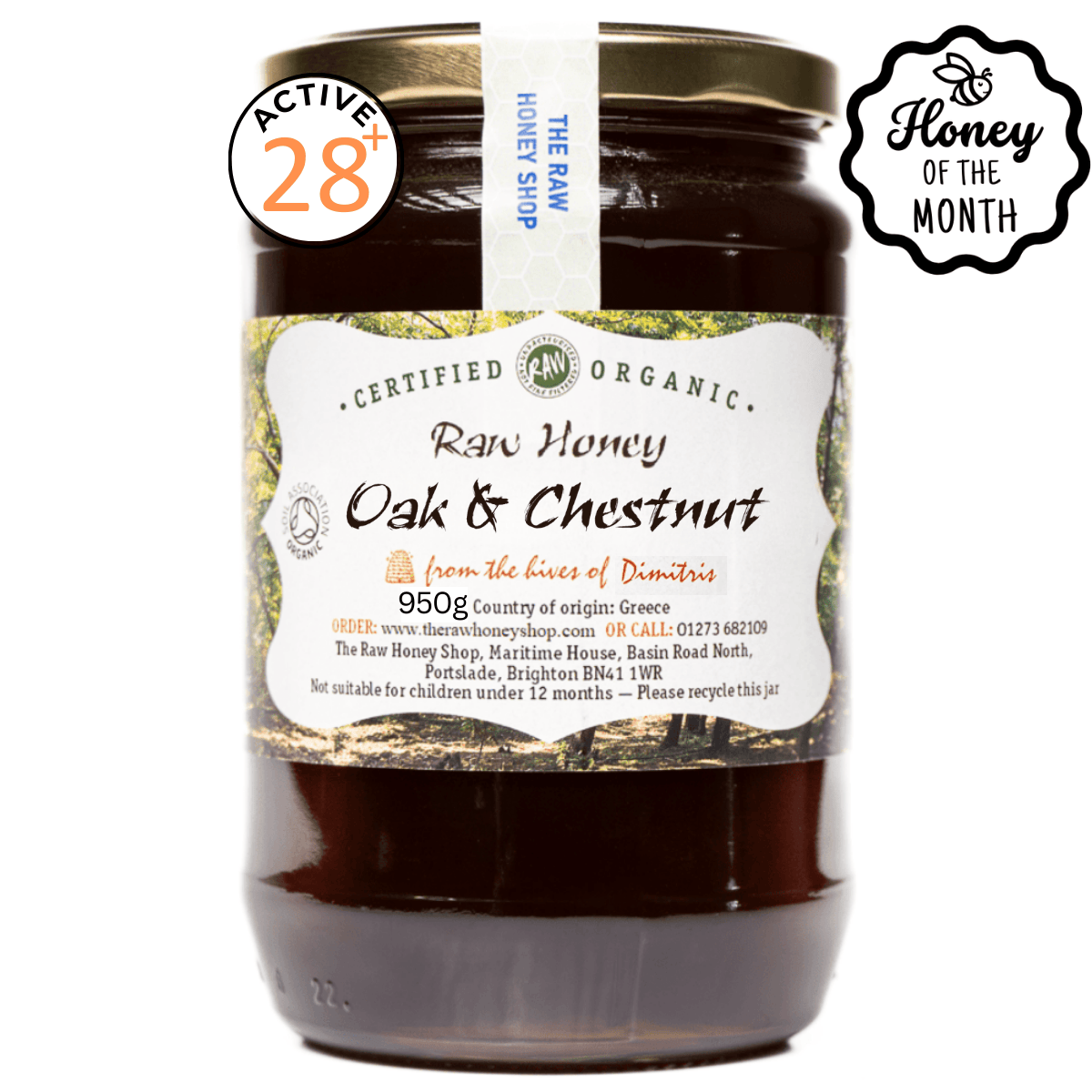 Glass jar containing dark brown honey with white label and Active 28 sticker and Honey of the Month sticker