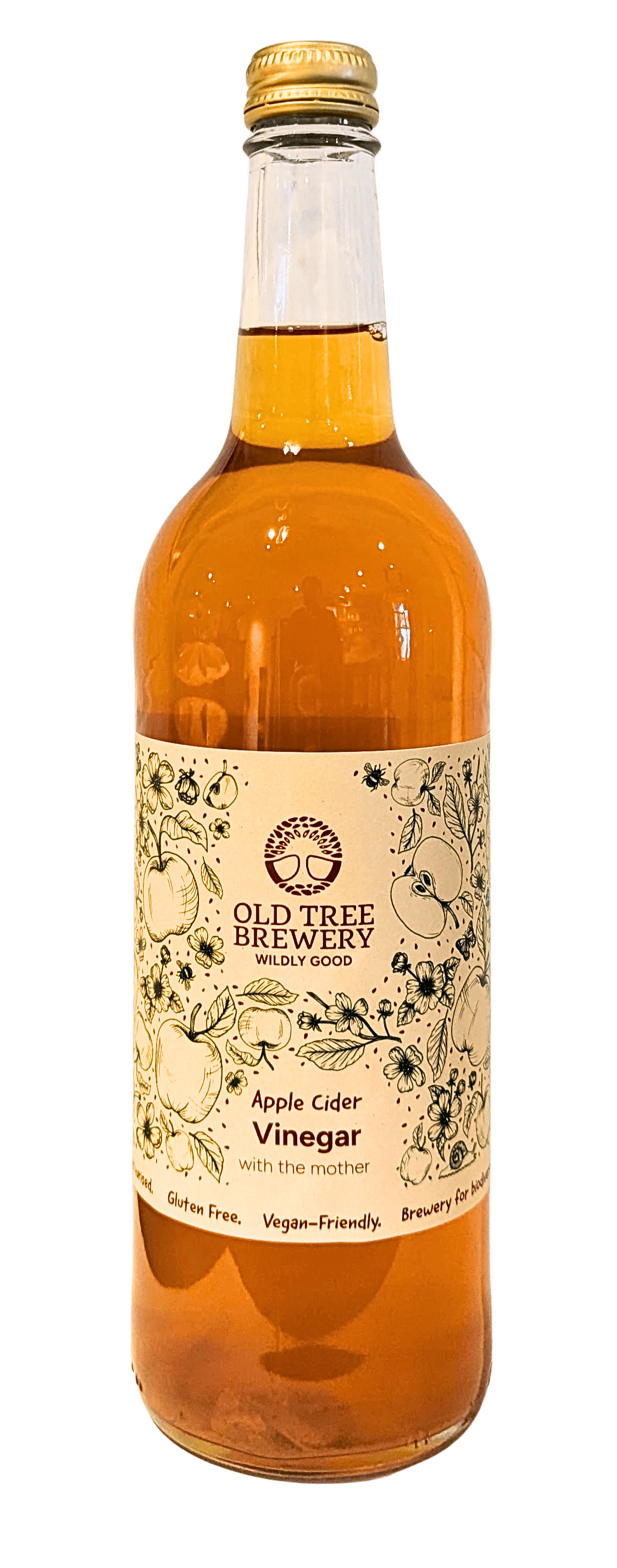 Bottle of Old Tree Brewery Apple Cider Vinegar on a white background