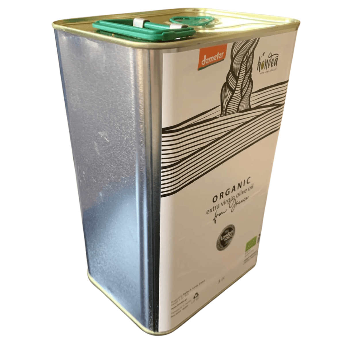 Tin of olive oil with label to front with text organic extra virgin olive oil.