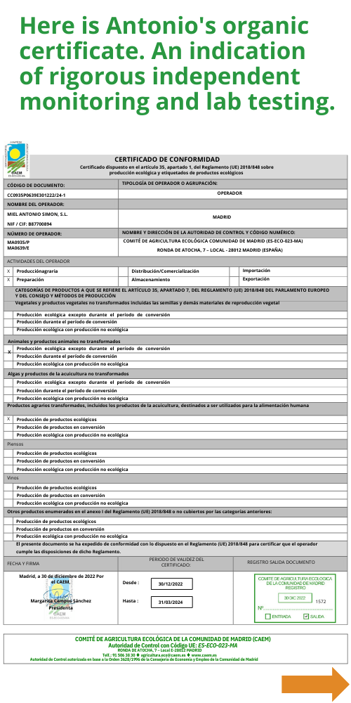 Organic certificate for beekeeper Antonio's raw rosemary honey