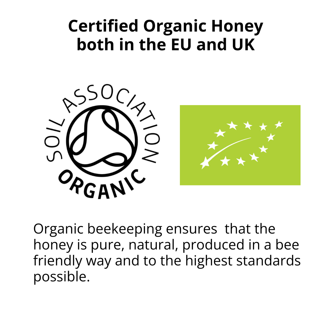 Certified organic honey badge graphic with the text 'Certified Organic Honey both in the EU and UK,' the Soil Association Organic logo, a green EU organic flag with white stars, and explanatory text about pure natural honey.