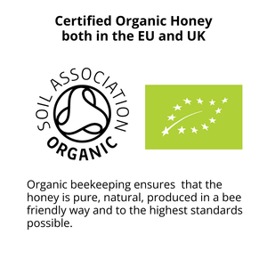 Certified organic honey badge graphic with the text 'Certified Organic Honey both in the EU and UK,' the Soil Association Organic logo, a green EU organic flag with white stars, and explanatory text about pure natural honey.