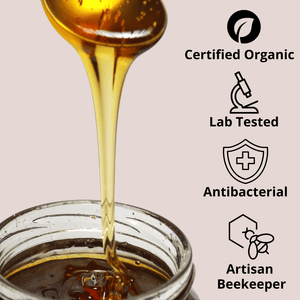 A close-up of golden honey dripping from a spoon into a glass jar, with text callouts on a pale beige background reading 'Certified Organic,' 'Lab Tested,' 'Antibacterial,' and 'Artisan Beekeeper.'.