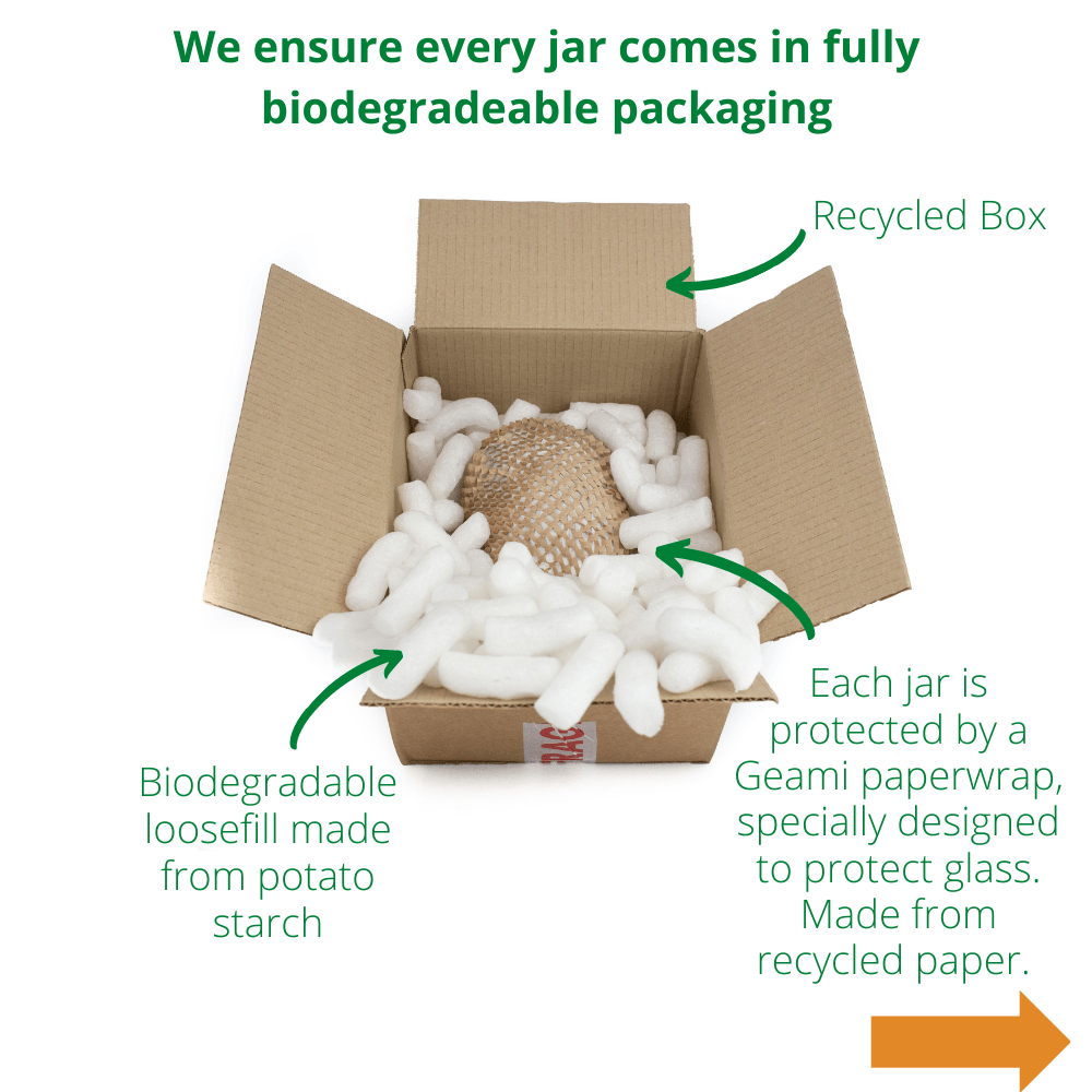 open cardboard box with wrapped jar of honey and biodegradable loosefill made from potato starch inside