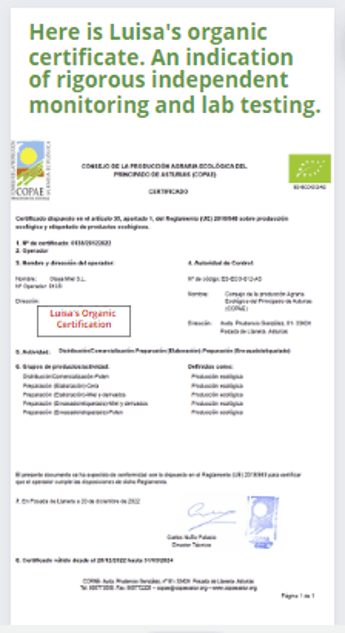 Organic certificate for beekeeper Luisa's raw creamed chestnut honey