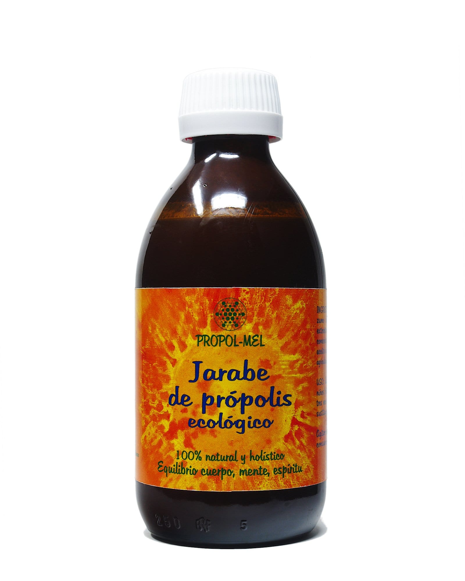 A dark amber glass bottle of Propol-Mel ecological propolis syrup with a white ribbed cap and a vibrant orange and yellow label, set against a plain white background.