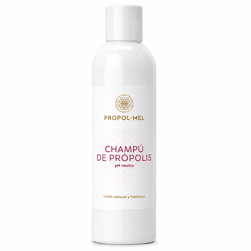 A white bottle of Propol-Mel Champún de Propolis pH neutro shampoo, featuring a white cap and a clean white label with gold and pink text, set against a plain white background.