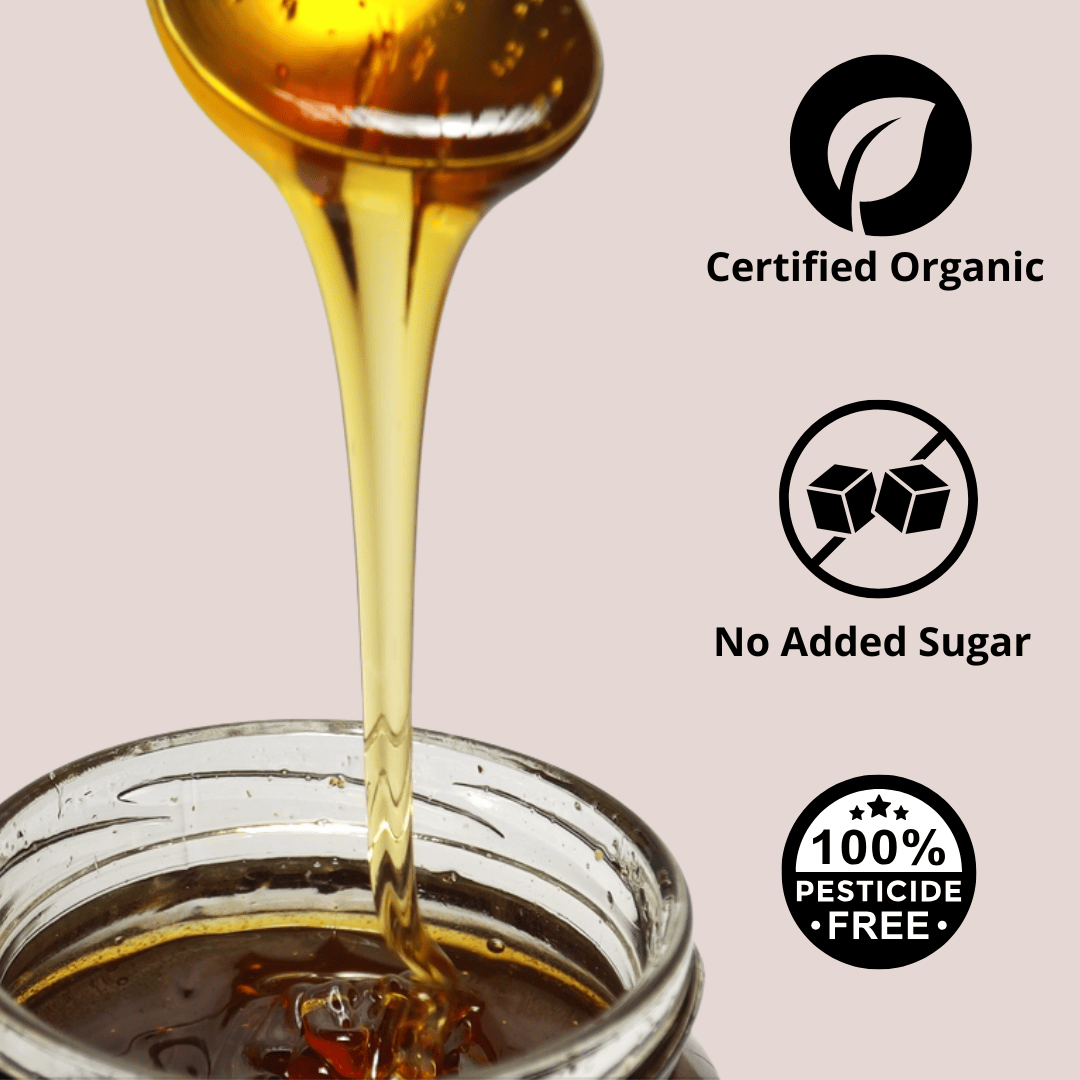 A close-up of golden honey dripping from a spoon into a glass jar, with three black certification-style icons on a pale beige background reading Certified Organic, No Added Sugar, and 100% Pesticide Free.