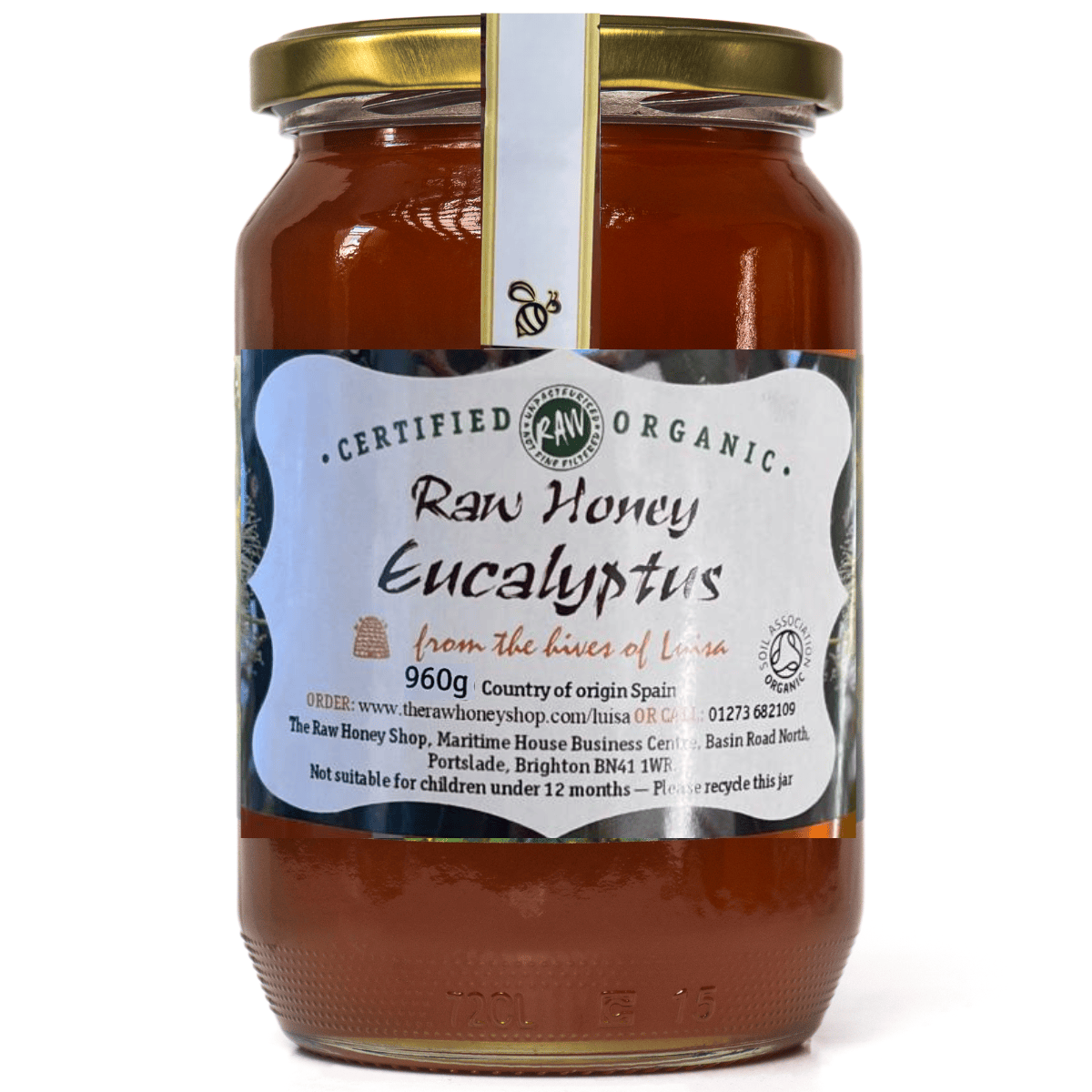A glass jar of Raw Honey Eucalyptus from the hives of Leon, featuring a white and green label with a gold metal lid, set against a plain white background.