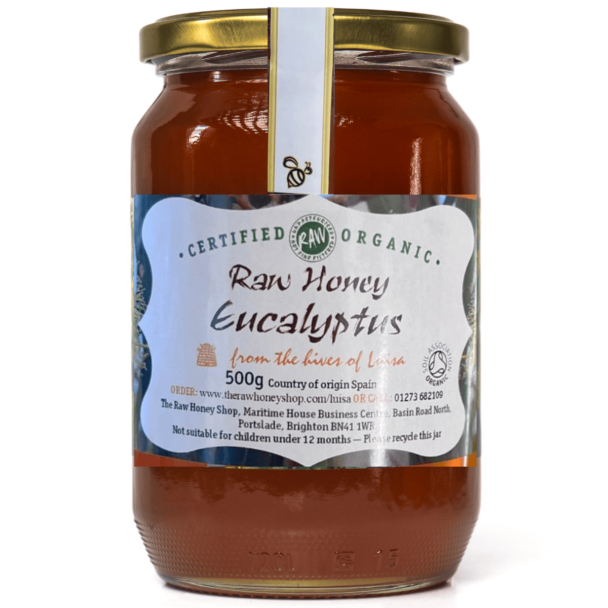 A 500g glass jar of Certified Organic Raw Honey Eucalyptus from the hives of Leon, featuring a white and green label with a gold metal lid, set against a plain white background.
