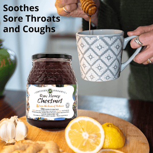 A jar of raw chestnut honey sits on a wooden board with a lemon half, garlic bulb, ginger piece, and a person pouring honey into a mug. Text on the image reads 'Soothes Sore Throat and Coughs'.