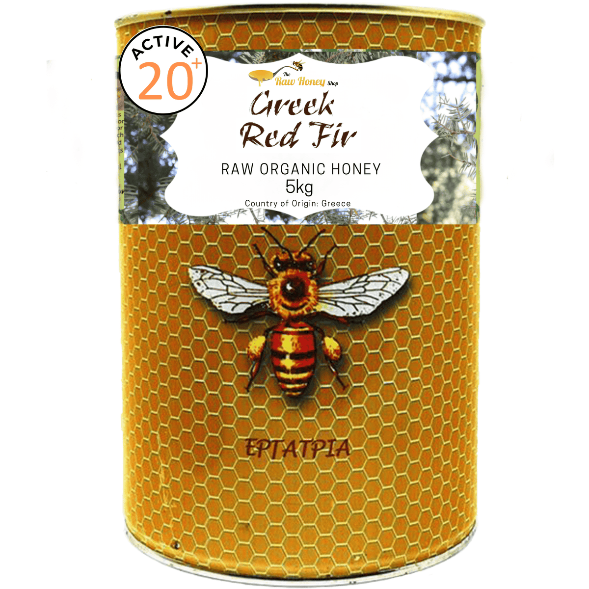 A 5kg metal tin of Active Honey Greek Red Fir Raw Organic Honey, featuring a golden honeycomb pattern, a large illustration of a bee, and a white label on a white background.