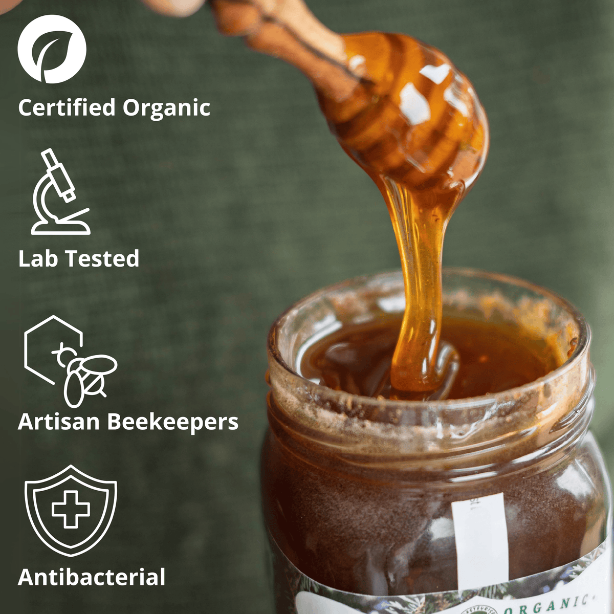 A jar of honey with a wooden honey dipper dripping thick amber honey into the jar, set against a dark green textured background. White text and icons on the left read 'Certified Organic', 'Lab Tested', 'Artisan Beekeepers', and 'Antibacterial'.