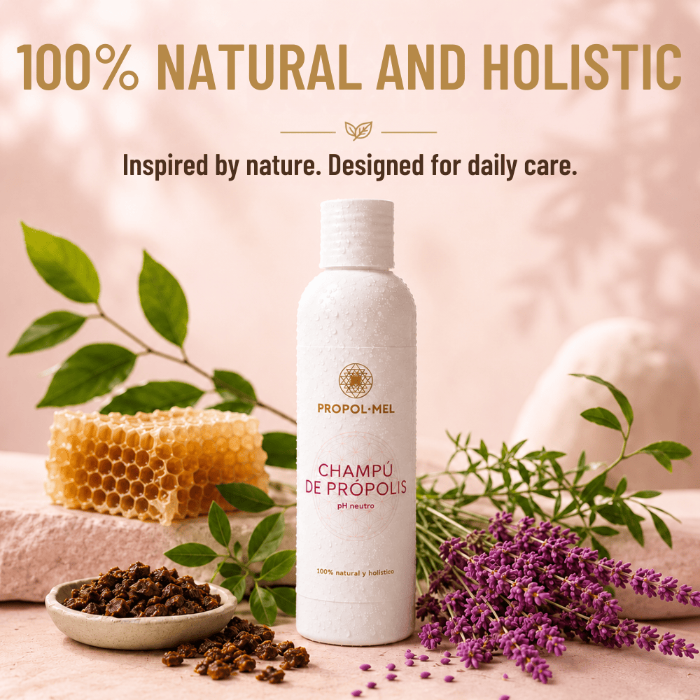 A white bottle of Propol-Mel shampoo stands centered on a soft pink surface with natural ingredients around it, including green leaves, a honeycomb piece, dried brown herbs in a small dish, and purple flowers. Text at the top reads '100% NATURAL AND HOLISTIC' and 'Inspired by nature.