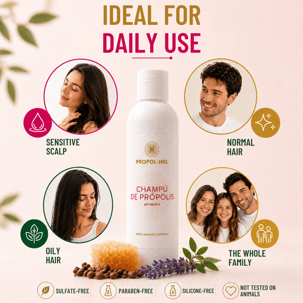 A white bottle of Propol-Mel Champu de Propolis hair wash centered on a soft beige background with promotional text and circular photos of people showing different hair types. The image includes badges such as 'Sensitive Scalp,' 'Normal Hair,' 'Oily Hair,' and 'The Whole Family,' plus icons for sulfate-free, paraben-free, silicone-free, and not tested on animals.