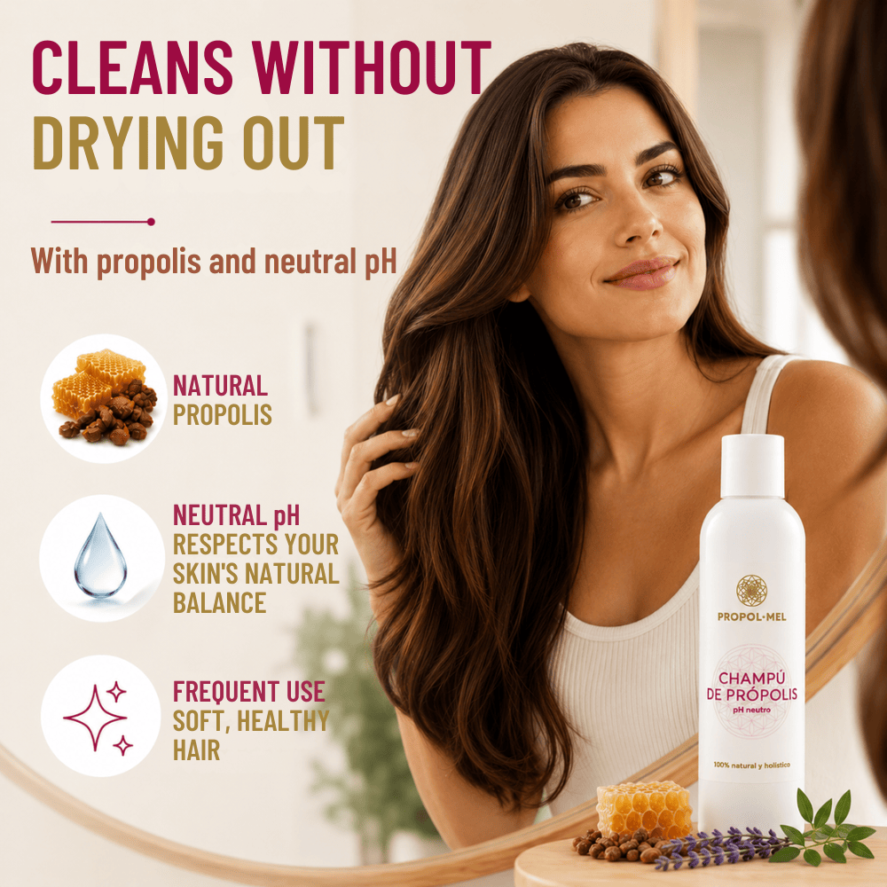 A woman with long, glossy brown hair looks into a mirror while using a white bottle of Propolis Champu de Propolis hair cleanser. The left side features marketing text and icons highlighting natural propolis, neutral pH, and soft, healthy hair.