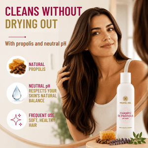 A woman with long, glossy brown hair looks into a mirror while using a white bottle of Propolis Champu de Propolis hair cleanser. The left side features marketing text and icons highlighting natural propolis, neutral pH, and soft, healthy hair.