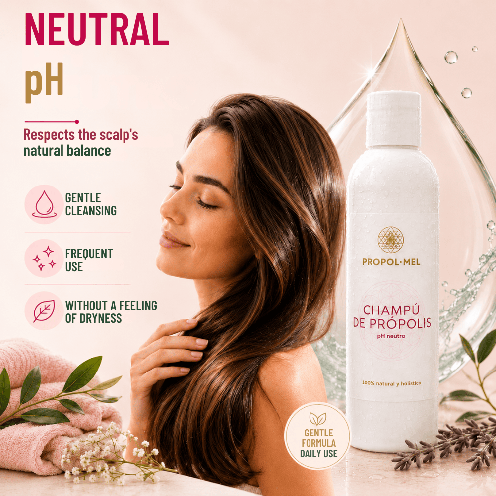 A woman with long brown hair is shown beside a white bottle of Propol-Mel Champüi de Propolis pH neutral shampoo. The image includes promotional text about gentle cleansing, frequent use, and dryness-free use, with decorative leaves, flowers, and a soft pink background.
