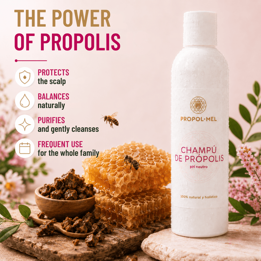 A bottle of Propolis shampoo stands on a stone surface beside honeycomb, bees, and small bowls of propolis, with marketing text on the left. Because a real styled environment and natural props are present, this fits Lifestyle rather than Product/Packaging, even though the product bottle is clearly shown.