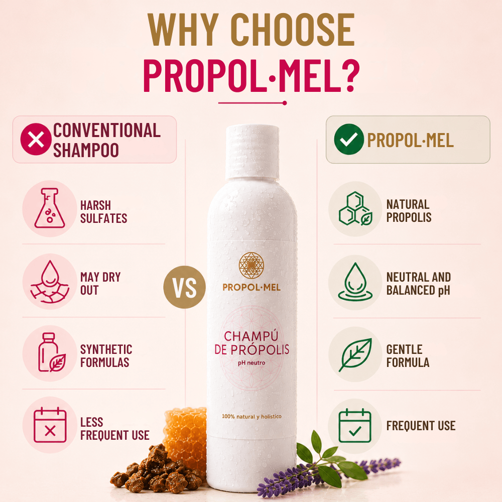 A promotional infographic for Propol-Mel shampoo, showing a white bottle centered between benefit callouts. The left side highlights drawbacks of conventional shampoo, and the right side lists benefits of Propol-Mel.