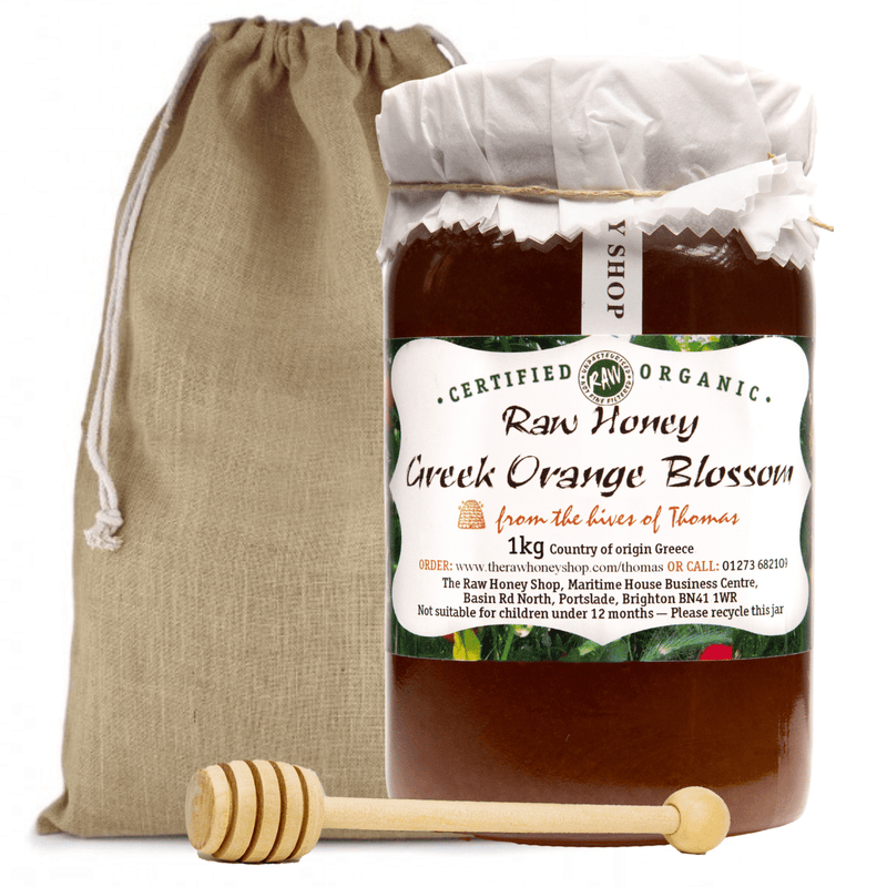 Miel de naranja griega cruda artesanal con bolsa de regalo de yute y cucharón de miel - 1 kg